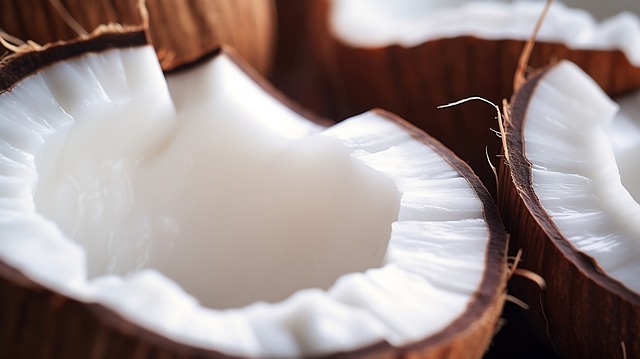 Close-up shot of a fresh, halved coconut